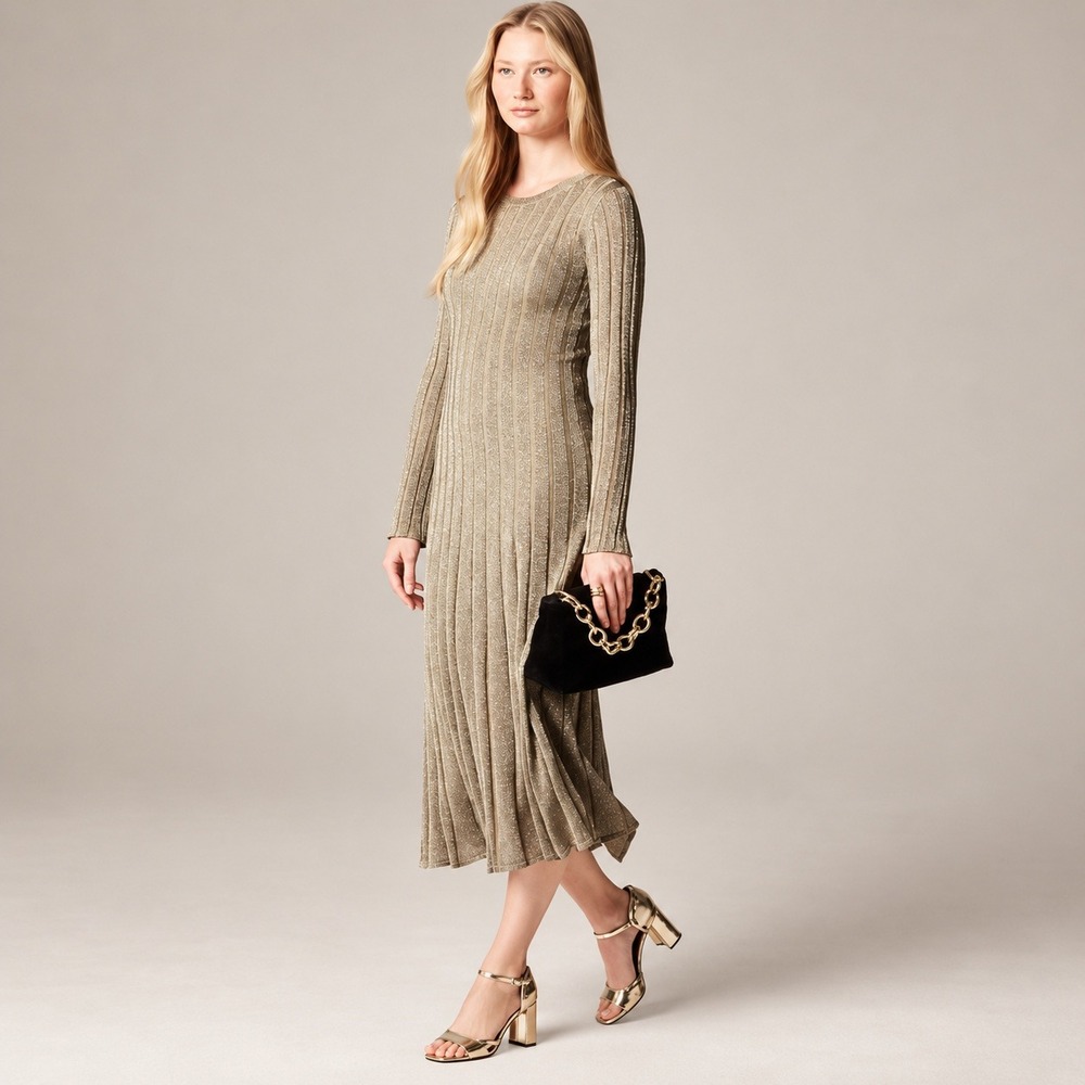 J. Crew NWT Metallic Gold Ribbed Long Sleeve Midi Dress CP162 Womens Medium